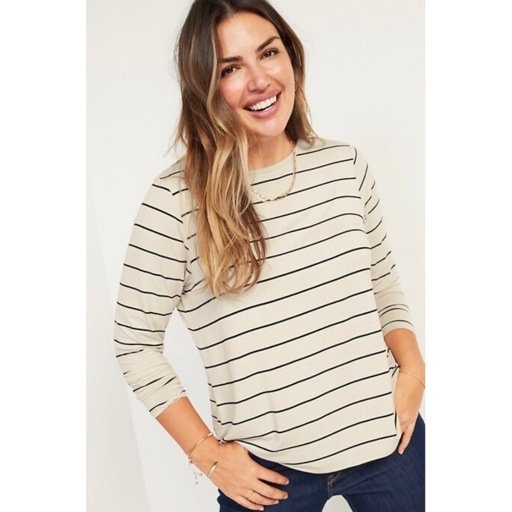 NWT Old Navy Luxe Women Beige Black Striped Long Sleeve Tee Shirt Small